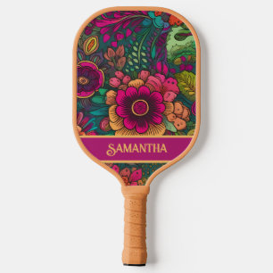 Raquette De Pickleball Rétro Vintage Violet Turquoise Bohème Floral Nom