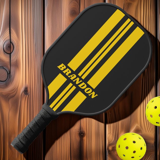 Raquette De Pickleball Retro Yellowjacket Double Rally Stripes avec nom (Créateur téléchargé)
