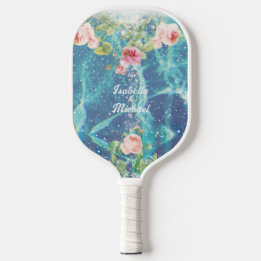 Raquette De Pickleball Romantique bleu customisé noms de couple picklebal