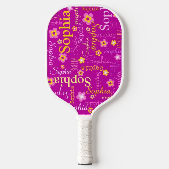 Raquette De Pickleball Rose blanc fleurs jaunes filles nom personnalisé (Recto)