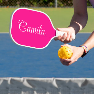 Raquette De Pickleball Rose Chaud et Écriture Bouclée Blanche