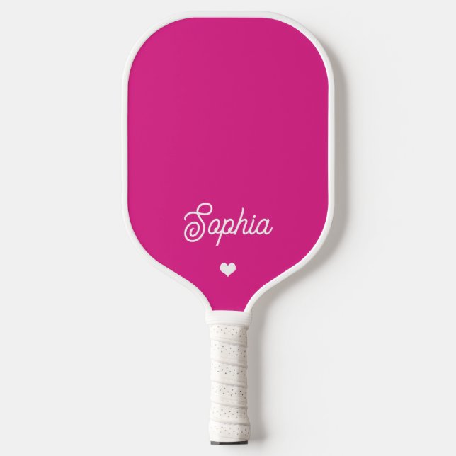 Raquette De Pickleball Rose chaud vif | Votre nom en script avec coeur (Recto)