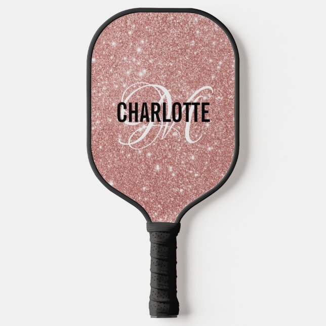 Raquette De Pickleball Rose or parties scintillant script nom monogramme (Recto)