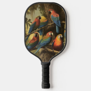 Raquette De Pickleball Scène botanique vintage perroquets colorés dans un