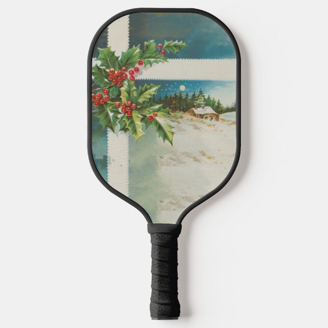 Raquette De Pickleball scène de Noël houx neige oeuvre d'art hivernale (Recto)