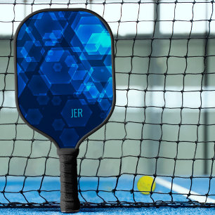Raquette De Pickleball Scifi Cool Hexagon Abstrait Monogrammed Blue Tech