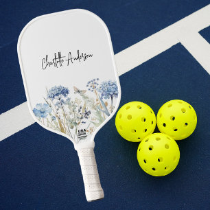 Raquette De Pickleball Script de nom fleur sauvage blanc bleu