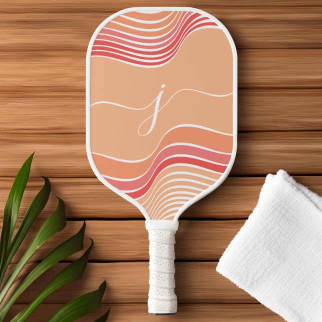 Raquette De Pickleball Script élégant Monogramme Abstrait rose rétro Wavy (Stylish Script Monogram Abstract Retro Pink Wavy Pickleball Paddle)