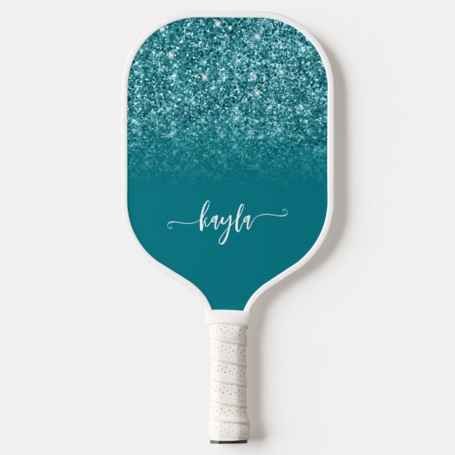 Raquette De Pickleball Script moderne Ombre Parties scintillant Turquoise (Recto)