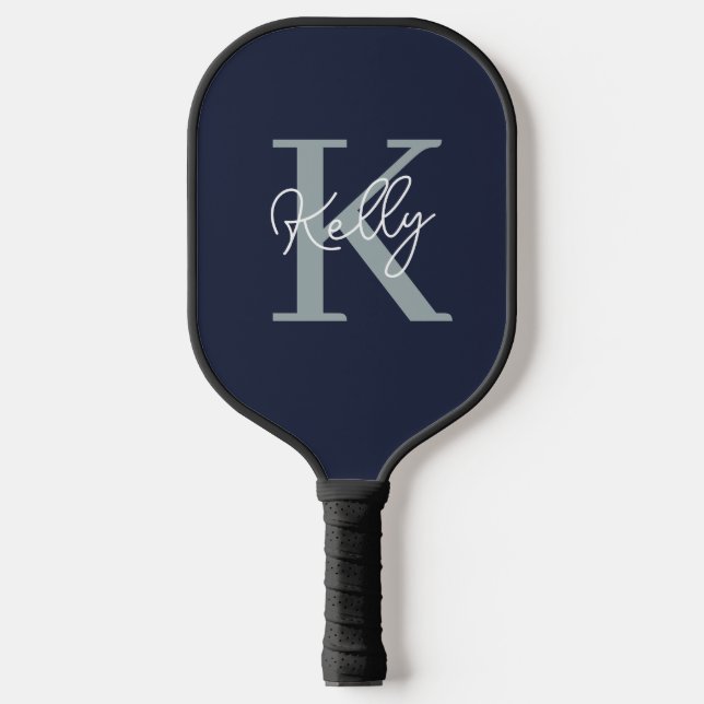 Raquette De Pickleball Script Monogramme bleu marine moderne (Recto)