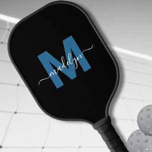Raquette De Pickleball Simple Black Blue Lettre Nom Monogramme