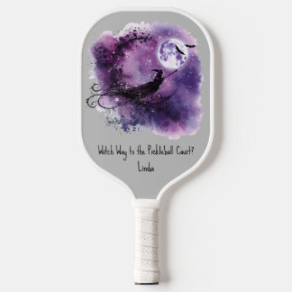 Raquette De Pickleball Sorcière d'Halloween violet sur une Pleine lune de