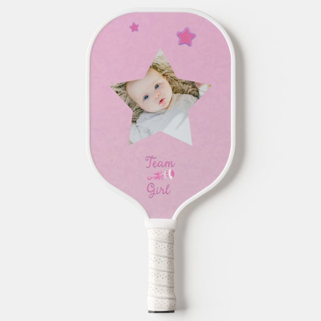 Raquette De Pickleball Team Girl with Photo Rattle Gender Reveal (Recto)