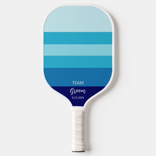 Raquette De Pickleball Team Groom Wedding Party Blue Stripe Personnalisé (Recto)