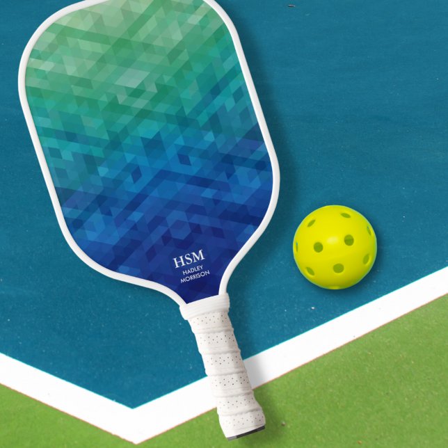 Raquette De Pickleball Texte de monogramme personnalisé bleu vert Gradiom (Créateur téléchargé)