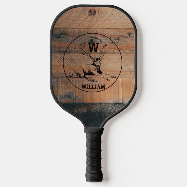 Raquette De Pickleball Texture en bois rustique et monogramme de cerfs su (Recto)