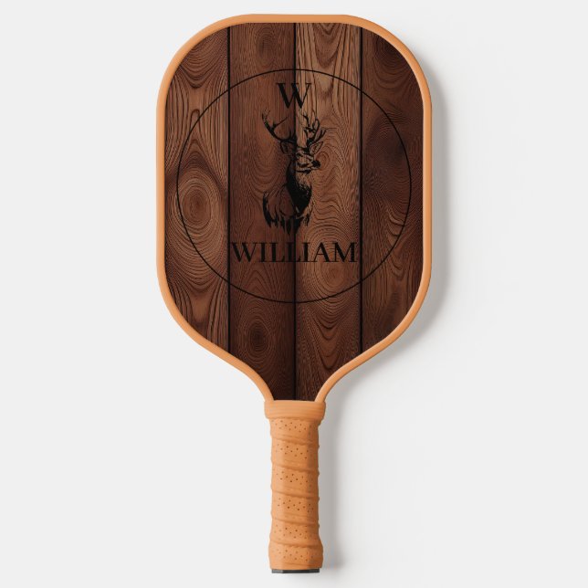Raquette De Pickleball Texture en bois rustique et monogramme de cerfs su (Recto)