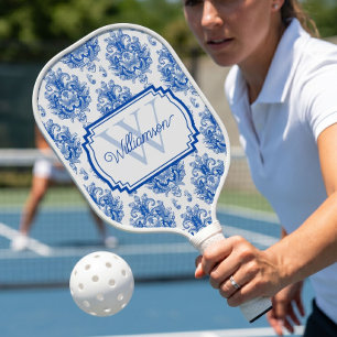 Raquette De Pickleball Toile de Jouy Bleue Française Motif Nom Monogramme