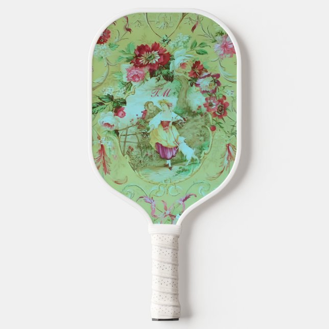 Raquette De Pickleball Toile victorienne Rococo Floral Sage Green Initial (Recto)