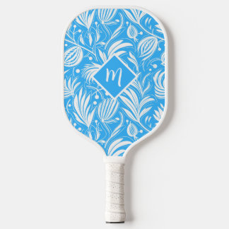 Raquette De Pickleball Tropical Blue Floral Pattern Diamond Monogramme
