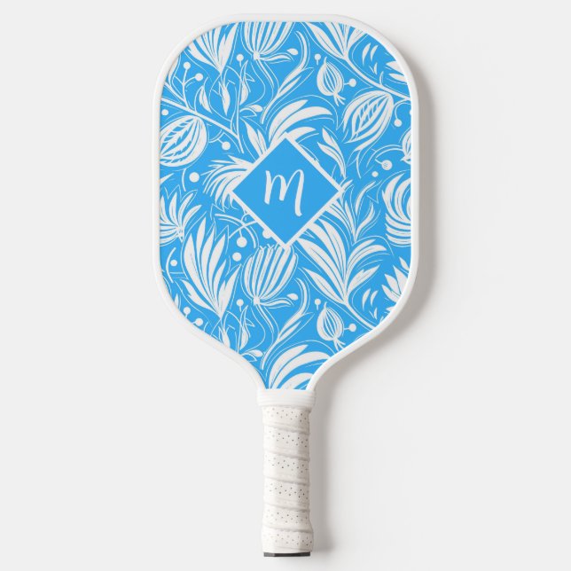 Raquette De Pickleball Tropical Blue Floral Pattern Diamond Monogramme (Recto)