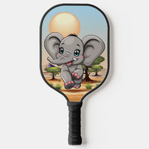 Raquette De Pickleball Un bébé éléphant qui sonne heureux dans la savane
