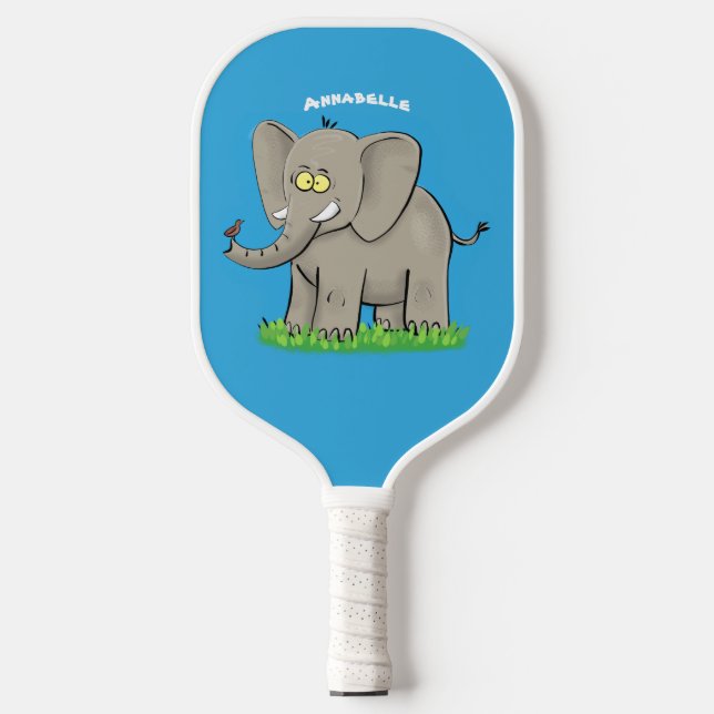 Raquette De Pickleball Un joli éléphant drôle avec un oiseau sur le tronc (Recto)