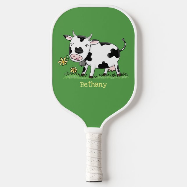 Raquette De Pickleball Vache mignonne en vert dessin animé sur le terrain (Recto)