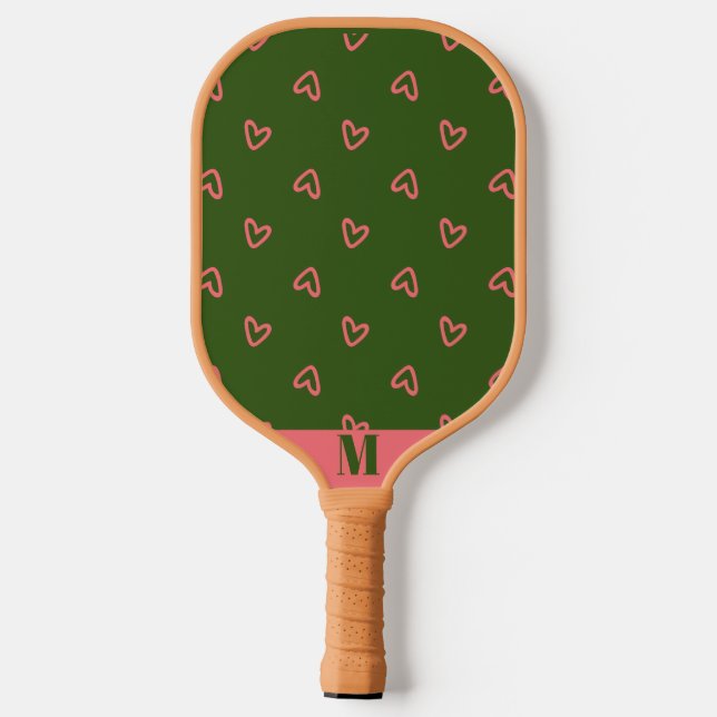 Raquette De Pickleball Vert avec Coeurs roses Monogramme moderne (Verso)