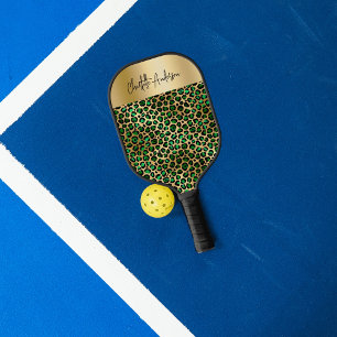 Raquette De Pickleball Vert émeraude or motif léopard nom script