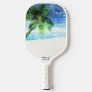 Raquette De Pickleball Vibes de plage Aquarelle Palmier Sable Texte perso