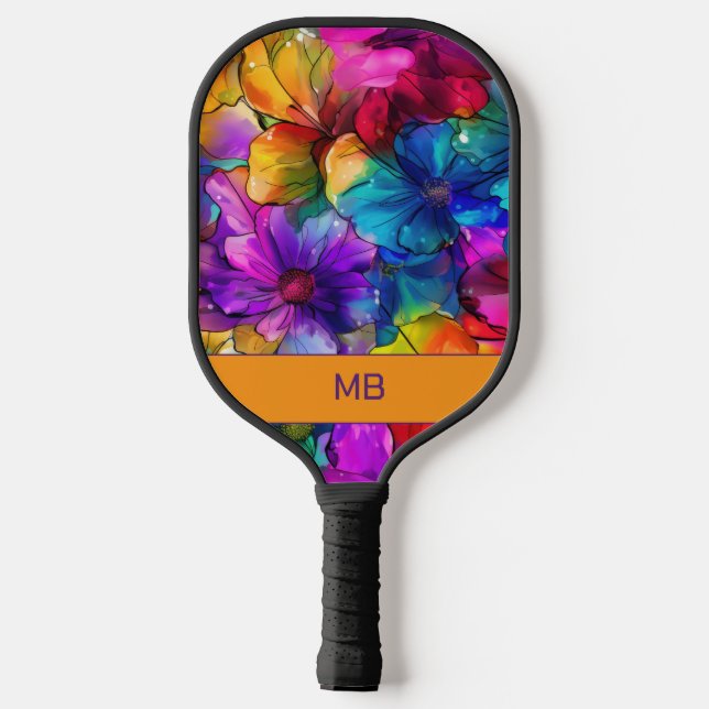 Raquette De Pickleball Violet orange Bleu Encre d'alcool Monogramme flora (Verso)