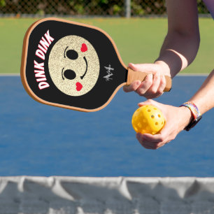 Raquette De Pickleball Visage souriant Paillettes dorées monogramme cœur