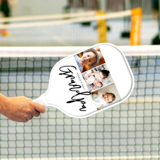 Raquette De Pickleball World's Best Grandpa Photo gift Collage Custom (World's best grandpa modern script photo collage pickleball paddle)