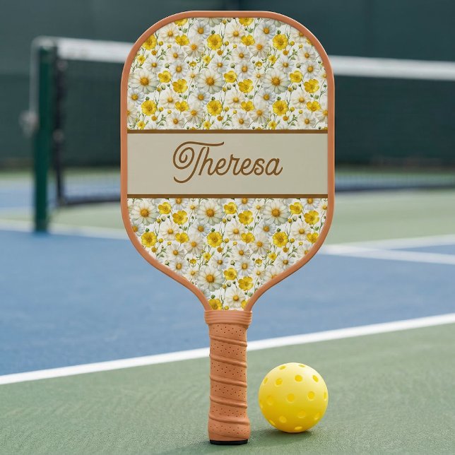 Raquette De Pickleball Yellow Wildflowers Pattern Monogram Name (Créateur téléchargé)