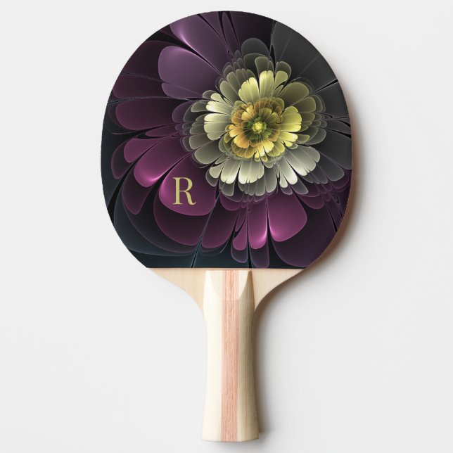 Raquette De Ping Pong Abstrait Purpur Khaki Gris Fleur Fractale Monogram (Devant)