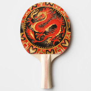 Raquette De Ping Pong Ancien Dragon chinois traditionnel Rouge Or Or