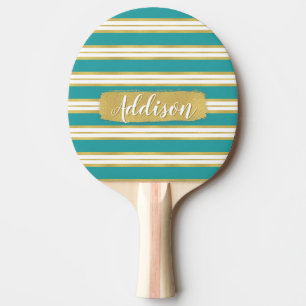 Raquette De Ping Pong Aqua Blue Gold Stripe Motif Nom personnalisé