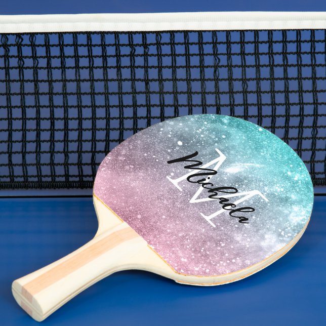 Raquette De Ping Pong Aqua blue Pink ombre mer galaxie abstraite Monogra (Insitu)