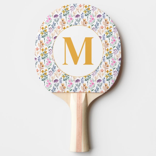 Raquette De Ping Pong Aquarelle colorée Fleur de printemps Motif Monogra (Devant)