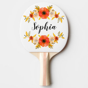 Raquette De Ping Pong Aquarelle de fille Coral Floral Wreath Texte perso