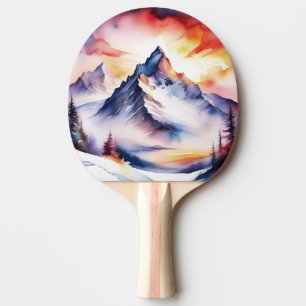 Raquette De Ping Pong Aquarelle des montagnes enneigées sous ciel rouge