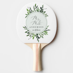 Raquette De Ping Pong aquarelle feuillue Mr & Mrs mariage