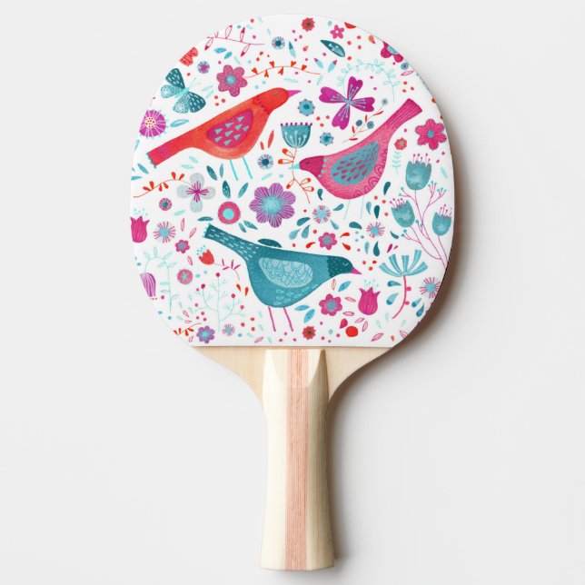 Raquette De Ping Pong Aquarelle florale d'oiseaux moderne (Devant)