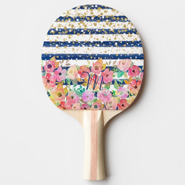 Raquette De Ping Pong Aquarelle motifs floraux et confettis (Devant)