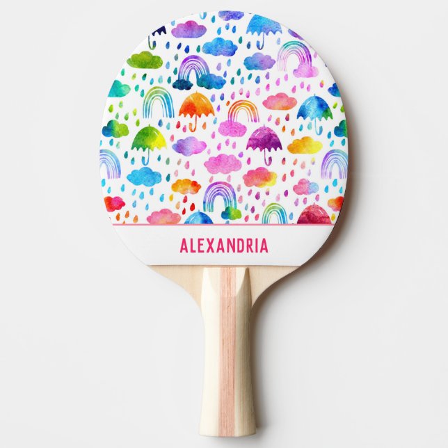 Raquette De Ping Pong Aquarelle Rainbow Umbrellas Rainy Day Girls (Devant)