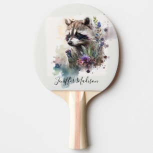 Raquette De Ping Pong Aquarelle Raton Laveur Mignon Fleurs de Printemps