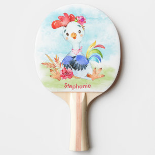 Raquette De Ping Pong Aquarelle rose petit coq