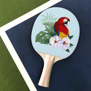 Raquette De Ping Pong Ara Macao Rouge Perroquet Tropical Hibiscus Blanc