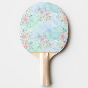 Raquette De Ping Pong arc-en-ciel floral pastel aquarelle fond bleu vert